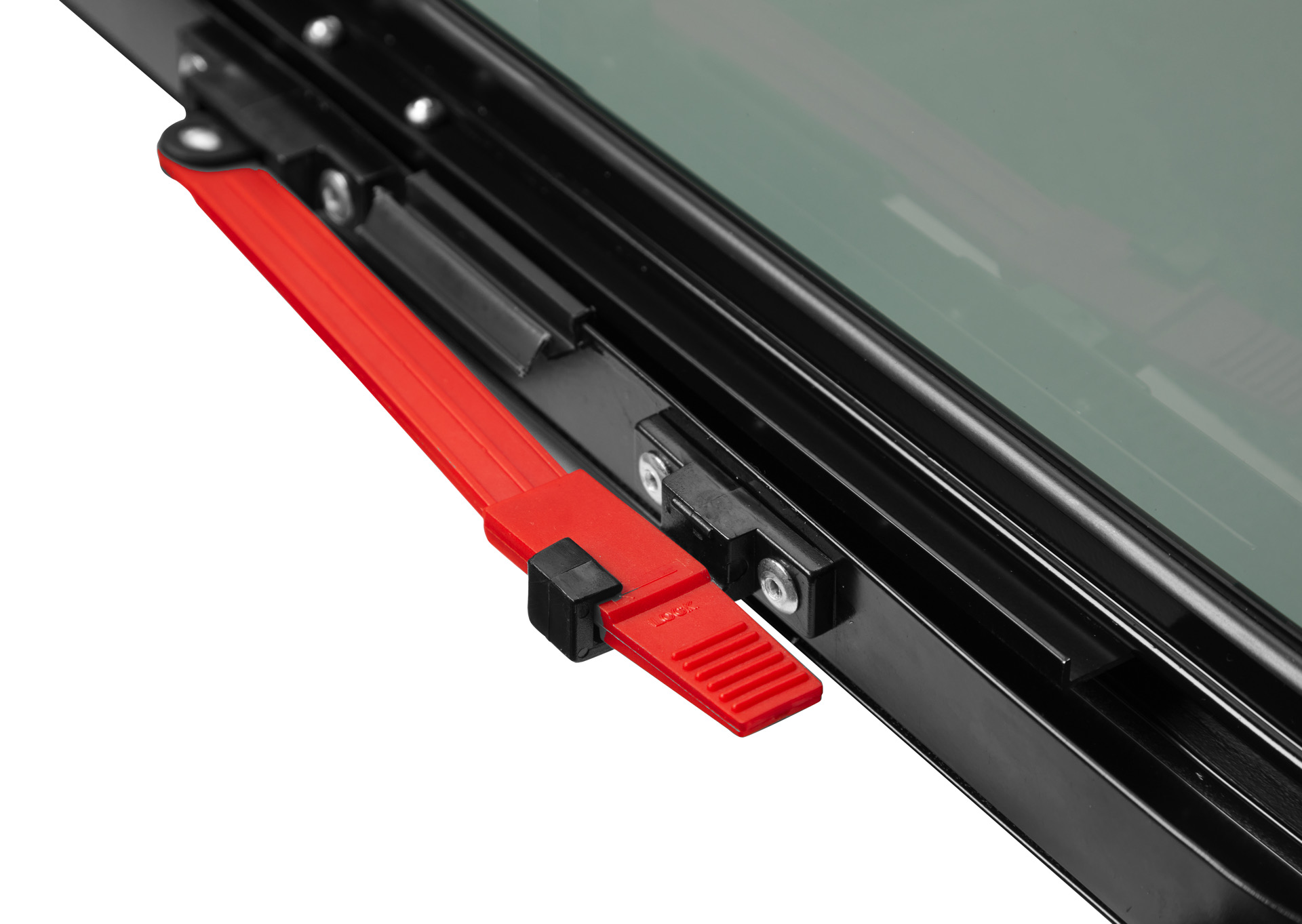 a close up of a laptop with a red handle